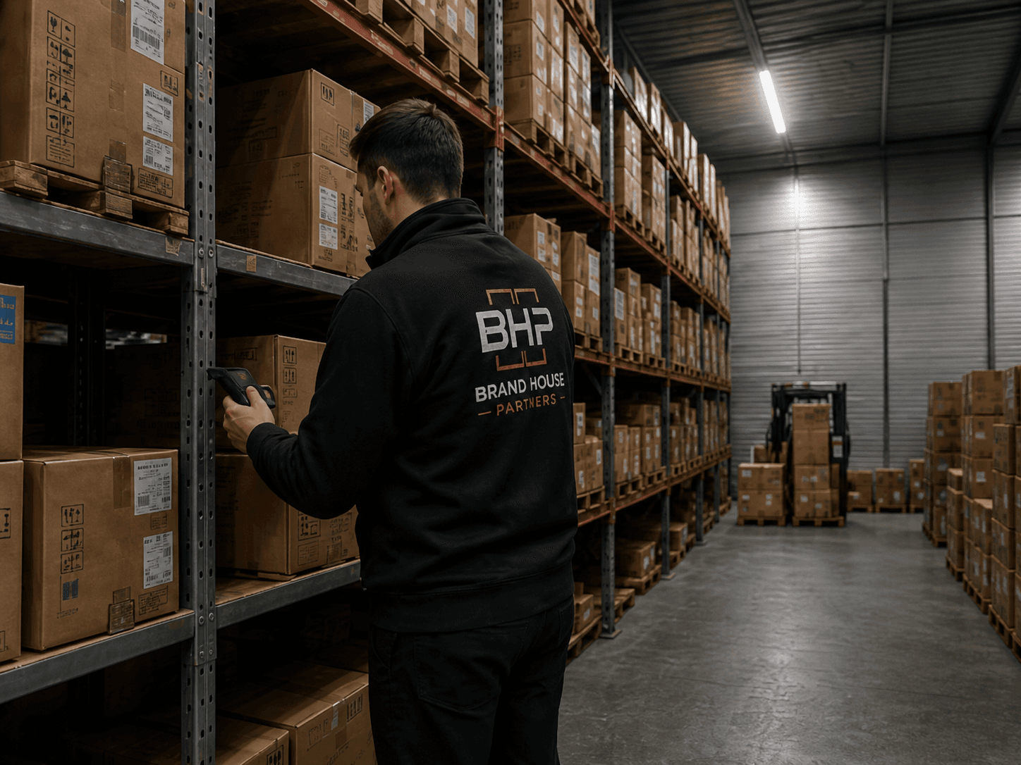 BHP-operator scant pakketten in een donker warehouse met rood-oranje stellingen.