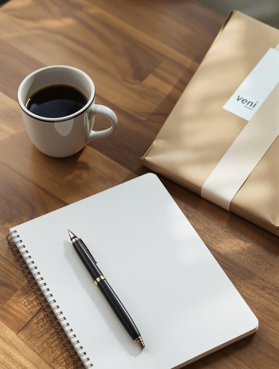 Editorial detail van een werkende desk: notitieblok, fountainpen, koffiemok en kartonnen verzendmailer met handgeschreven label.